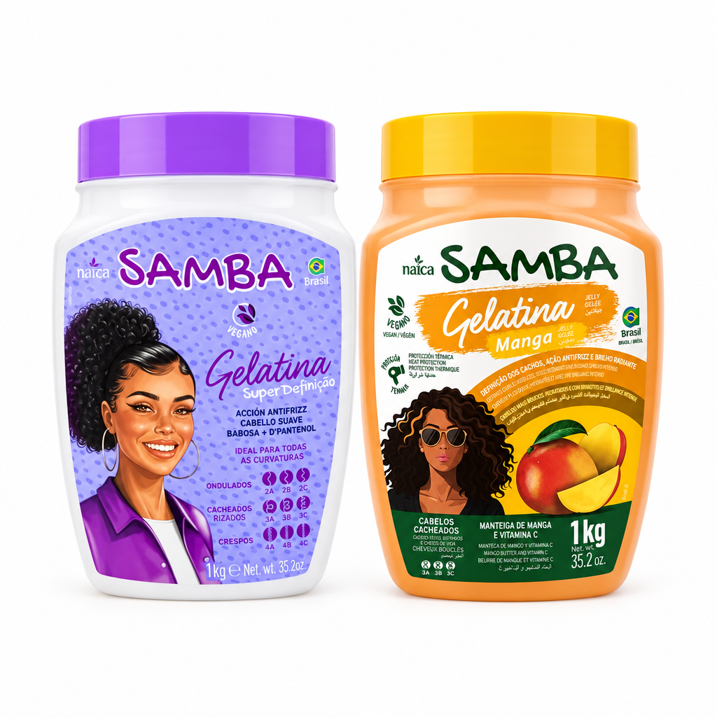 Gelatina Samba Super Definição y Gelatina Samba Manga, dos tarros de 1 kg sobre fondo blanco