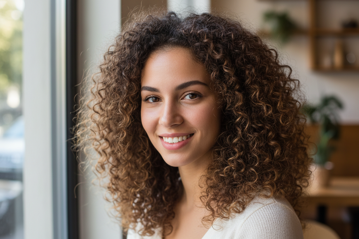 Realistic photo of woman with curly hair for hero section