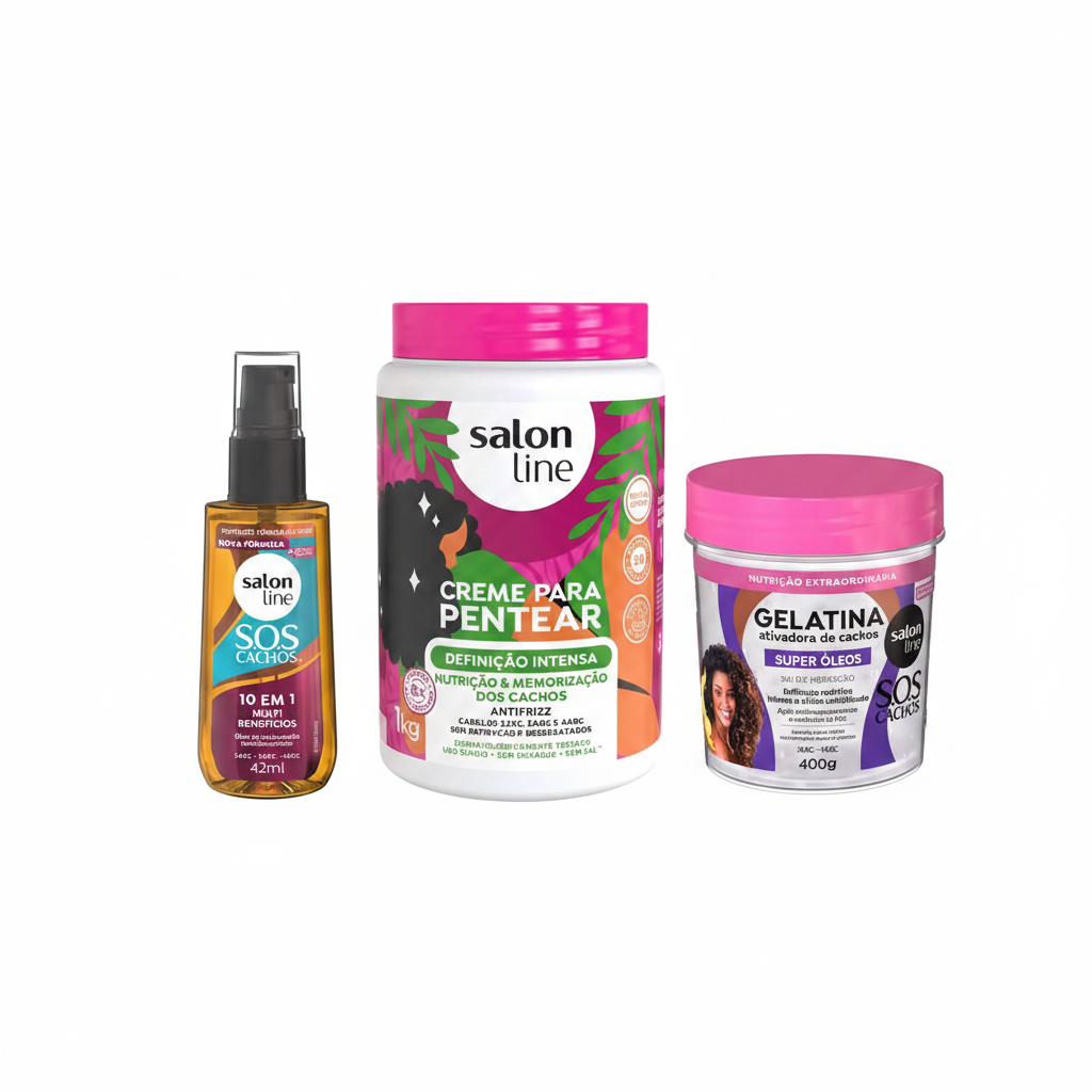 Trío S.O.S Cachos Salon Line – Óleo 10 en 1 + Creme Definición Intensa + Gelatina Super Óleos